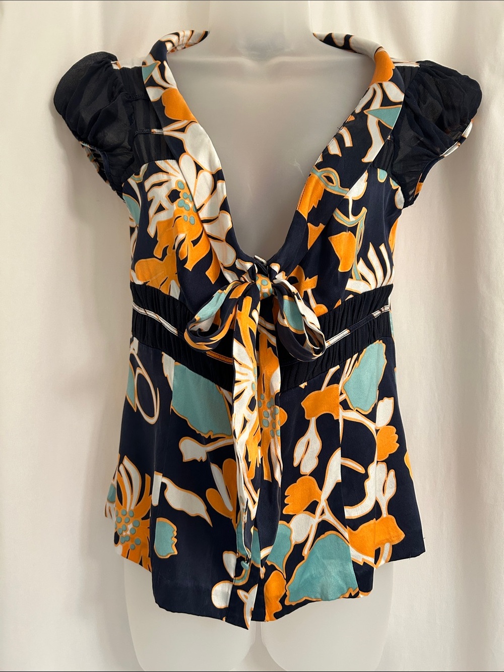 Arden B. Silk Blouse With Floral Tie-Front with Orange and Turquoise Accents